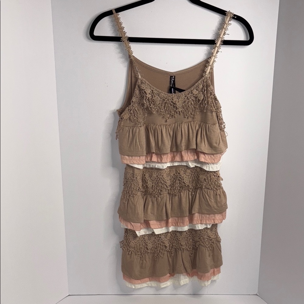 Women's Layered Lace Tank Top - Tan and Pink